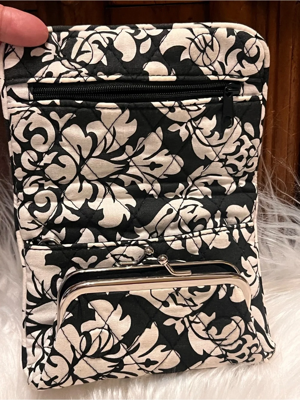 Quilted Black & Cream Floral Fold-Over Crossbody Bag